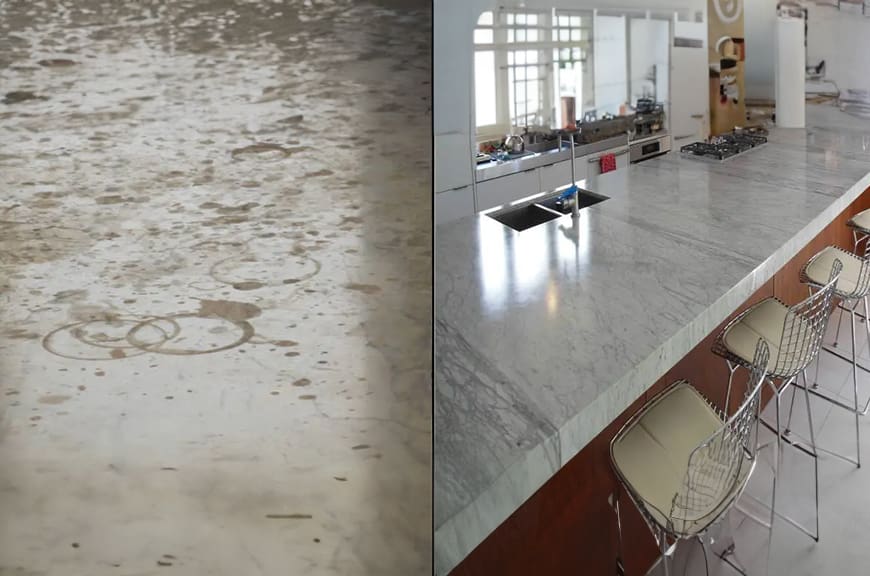 A kitchen with marble counter tops and a dirty floor.