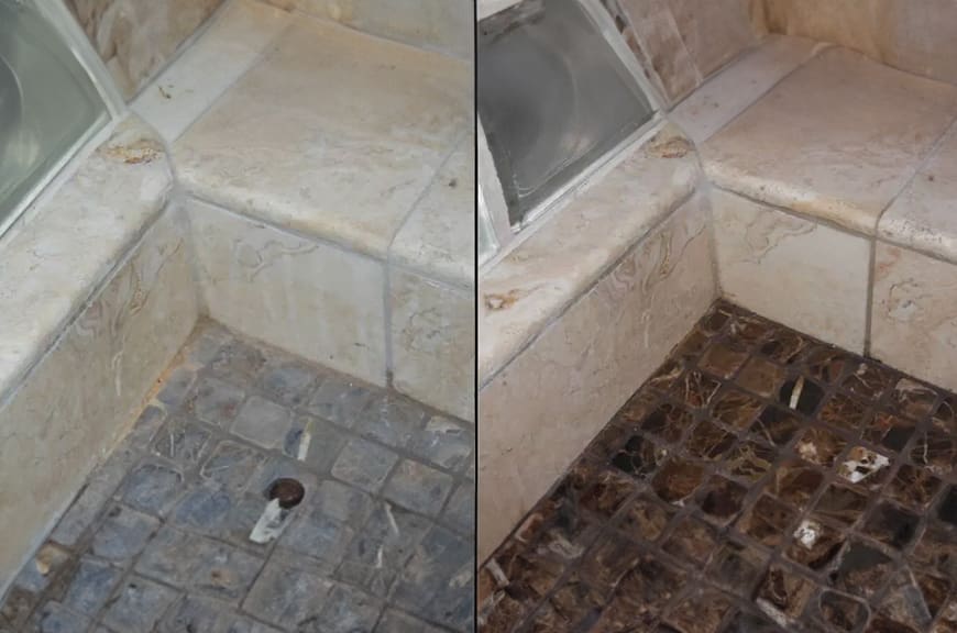 A before and after picture of the floor in a bathroom.