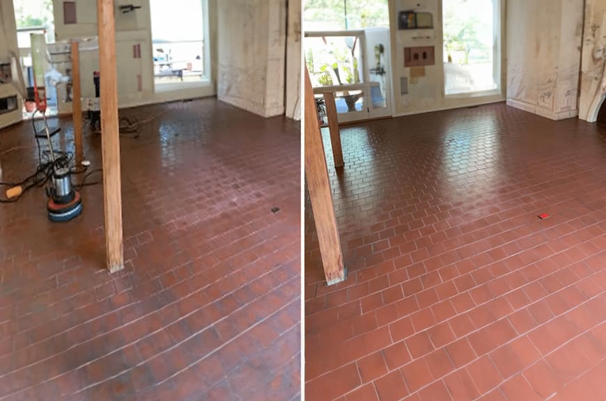 A before and after picture of the floor in a house.