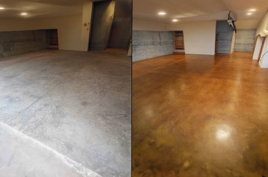 A before and after picture of a floor in the process of being cleaned.