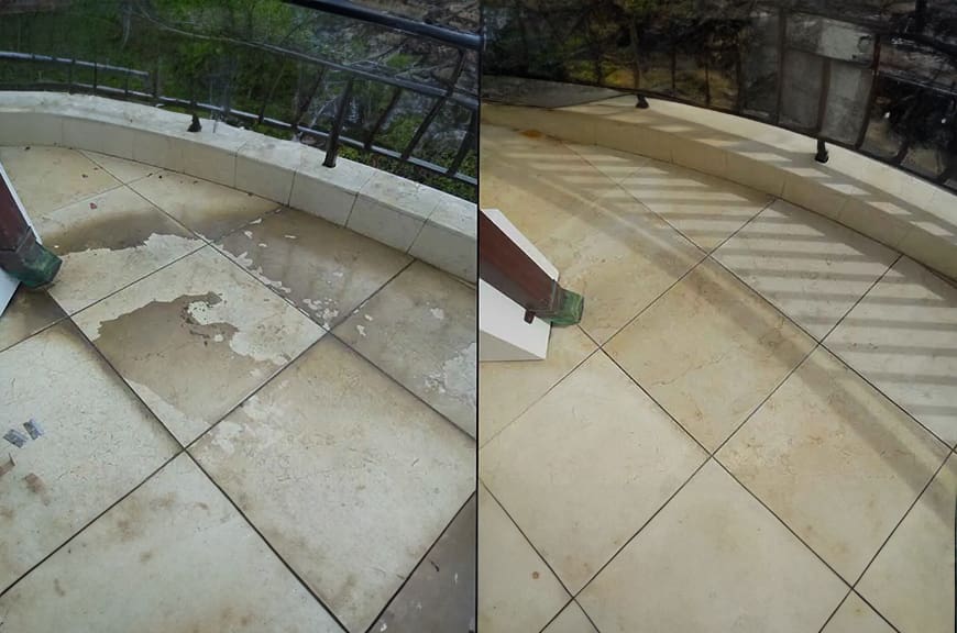 A before and after picture of the patio.