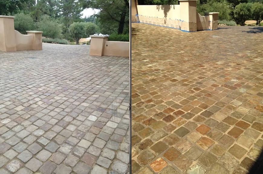 A before and after picture of a driveway.