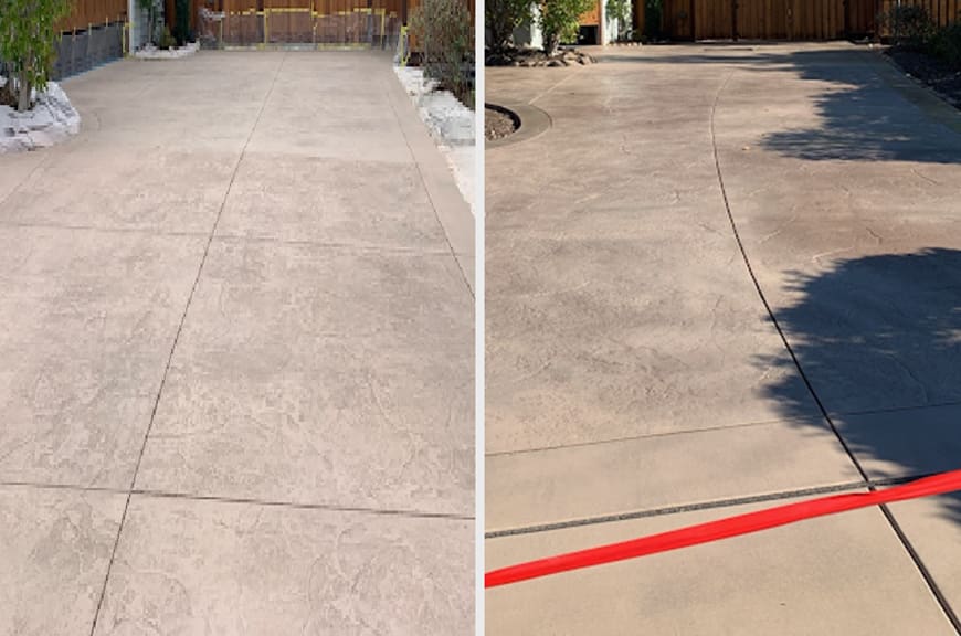 A before and after picture of concrete driveway.