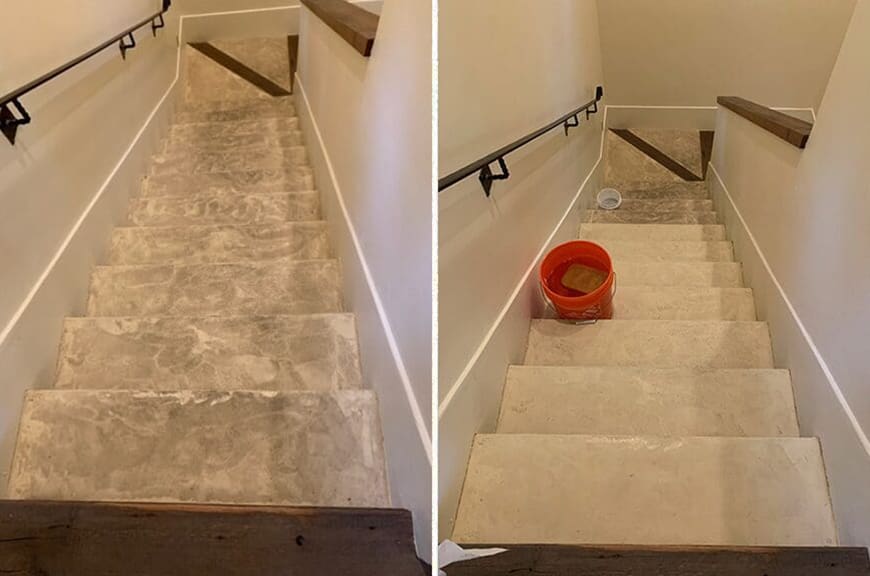 A before and after picture of the stairs in the house.