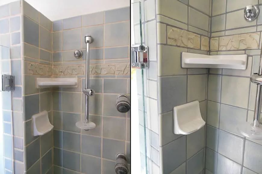 A bathroom with two different views of the shower.