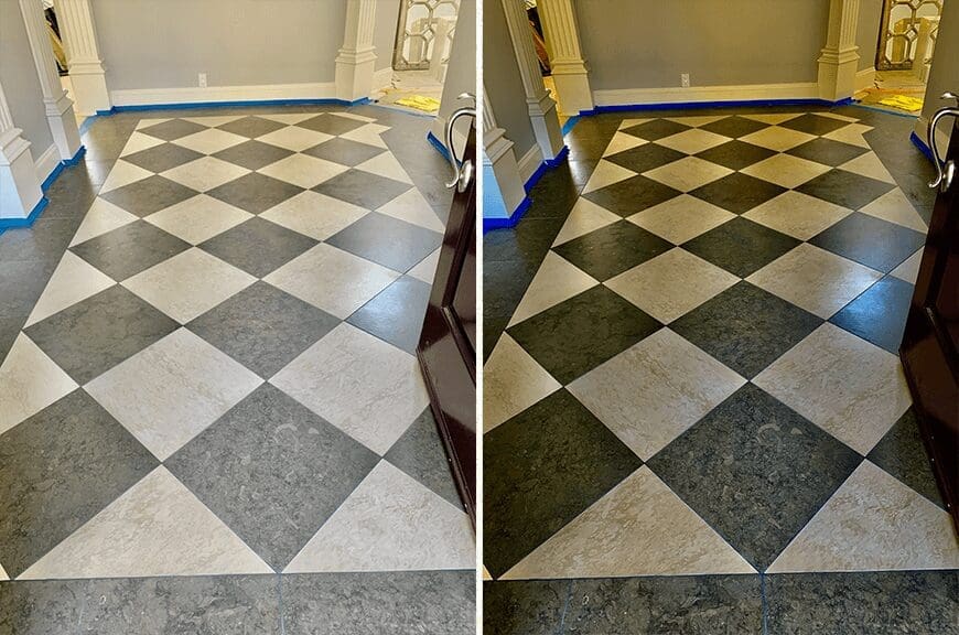 A before and after picture of the floor in the kitchen.