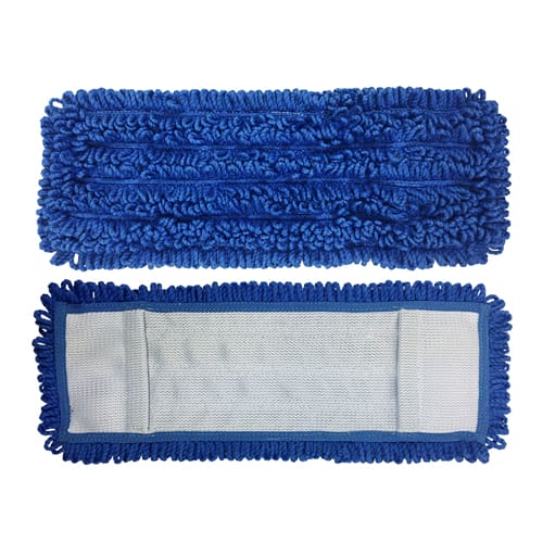 A blue mop with white strips on it.