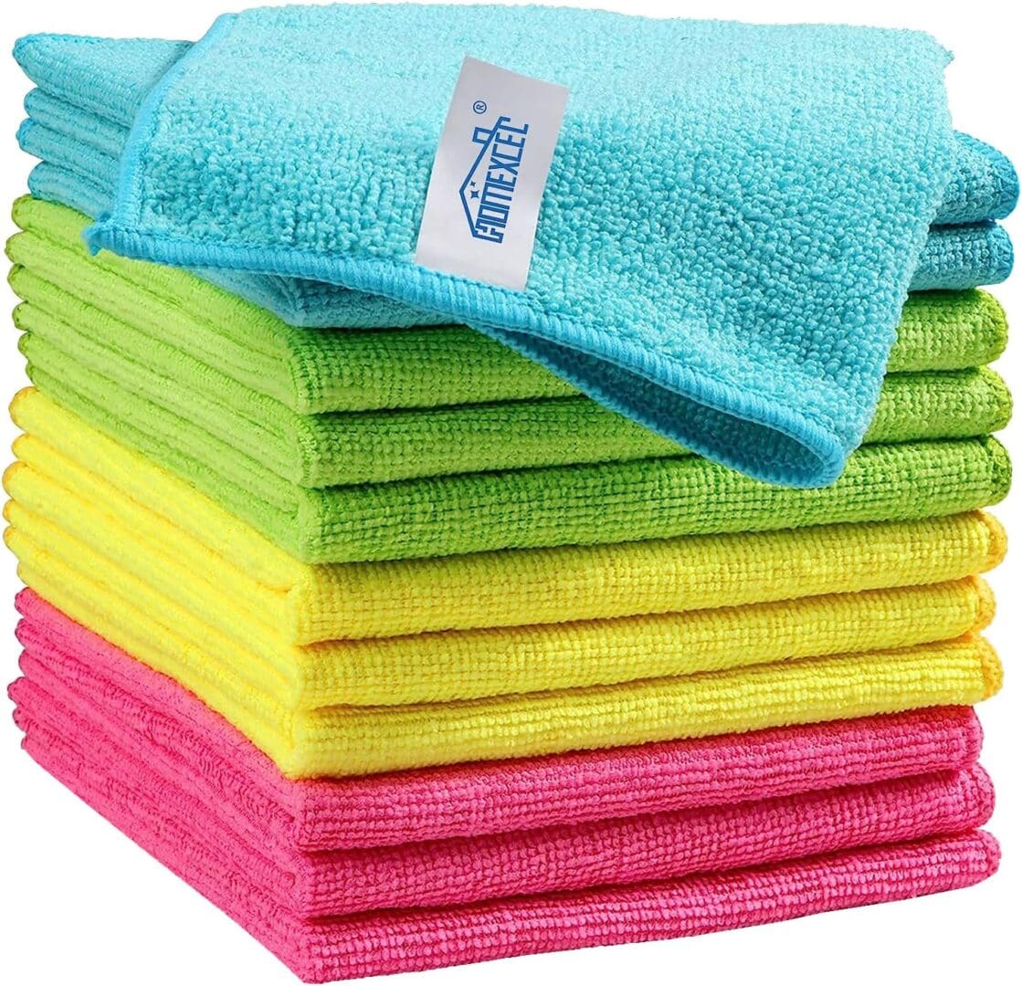 A stack of microfiber towels in different colors.