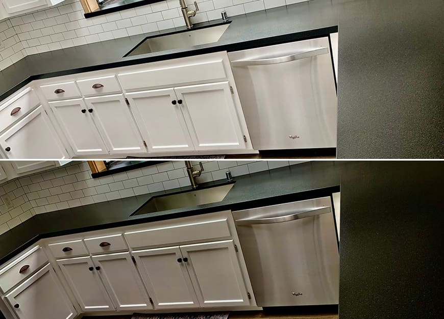 A before and after picture of the kitchen.