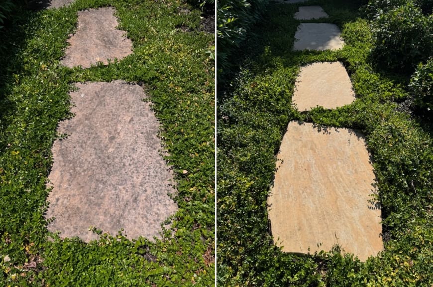 A before and after picture of the path that is missing some grass.