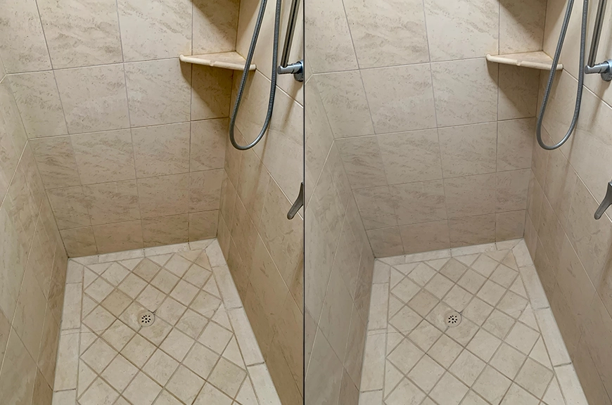 A split photo of the same bathroom with tile floors.