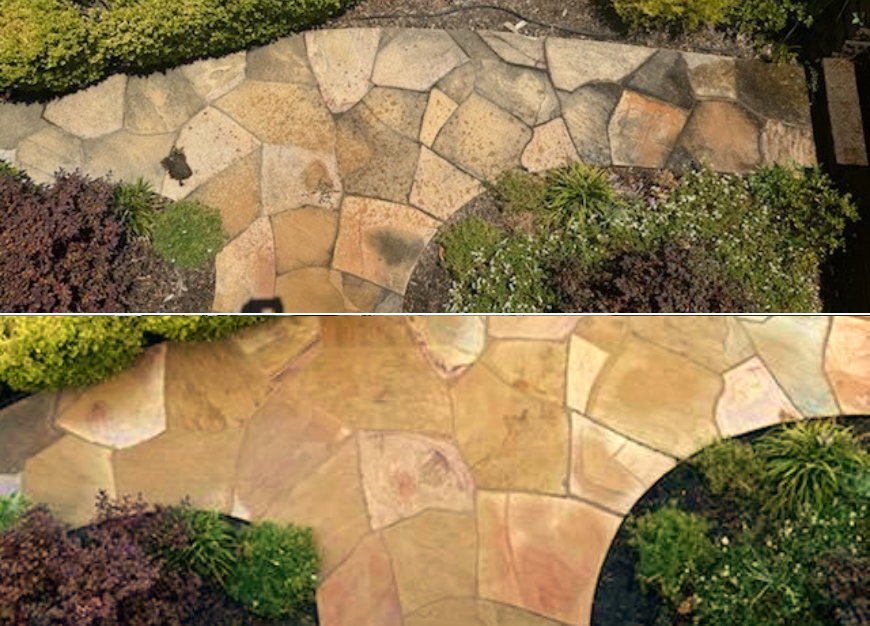 A before and after picture of the same stone walkway.