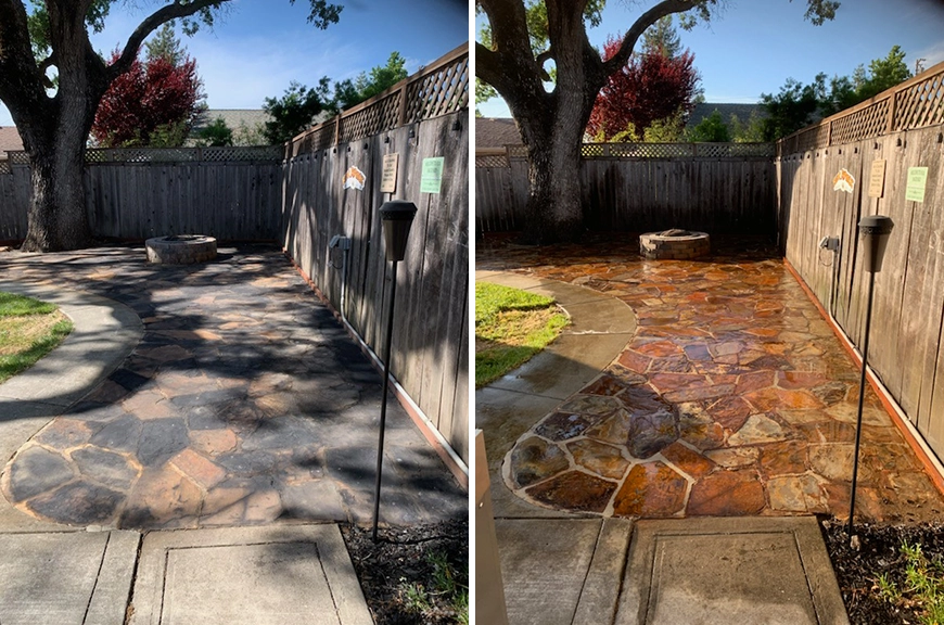 A before and after picture of the patio.