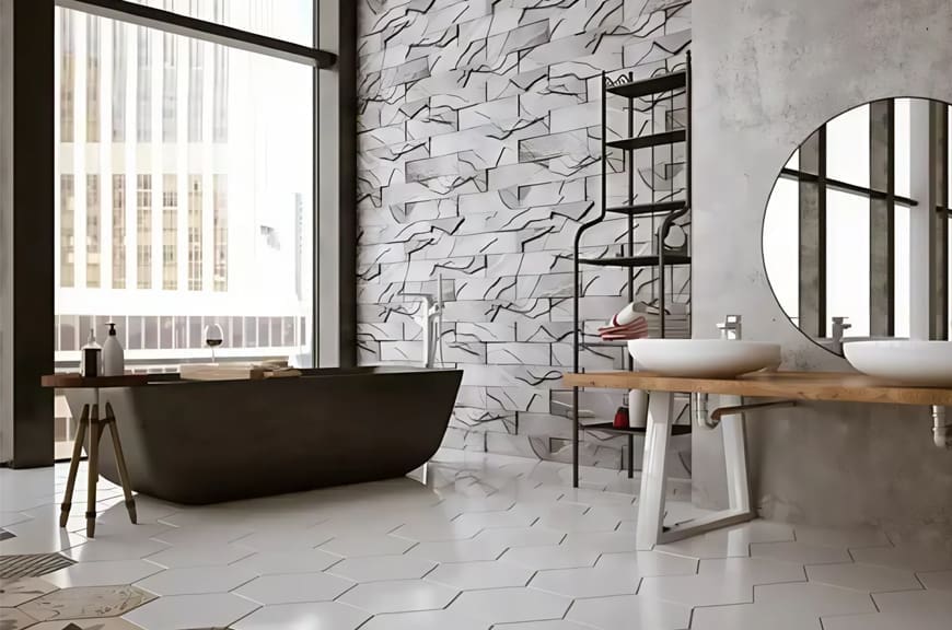 Modern bathroom with marble wall and bathtub.