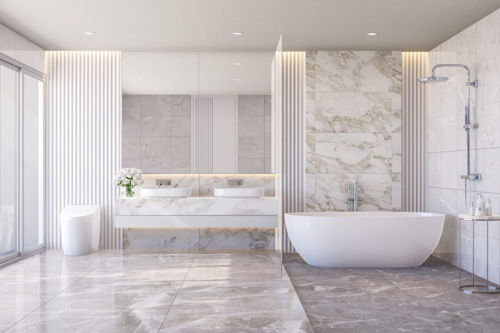 Modern,Style,Luxury,White,Bathroom,With,Marble,Stone,3d,Render