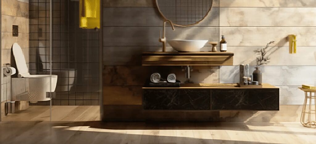 A bathroom with a sink and mirror in it