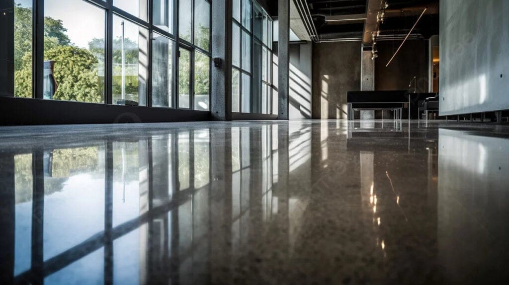 Concrete Floor & Windows A large room with a window and a shiny floor