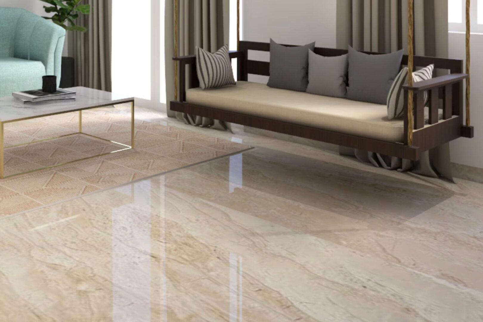 sala A living room with marble floors and walls