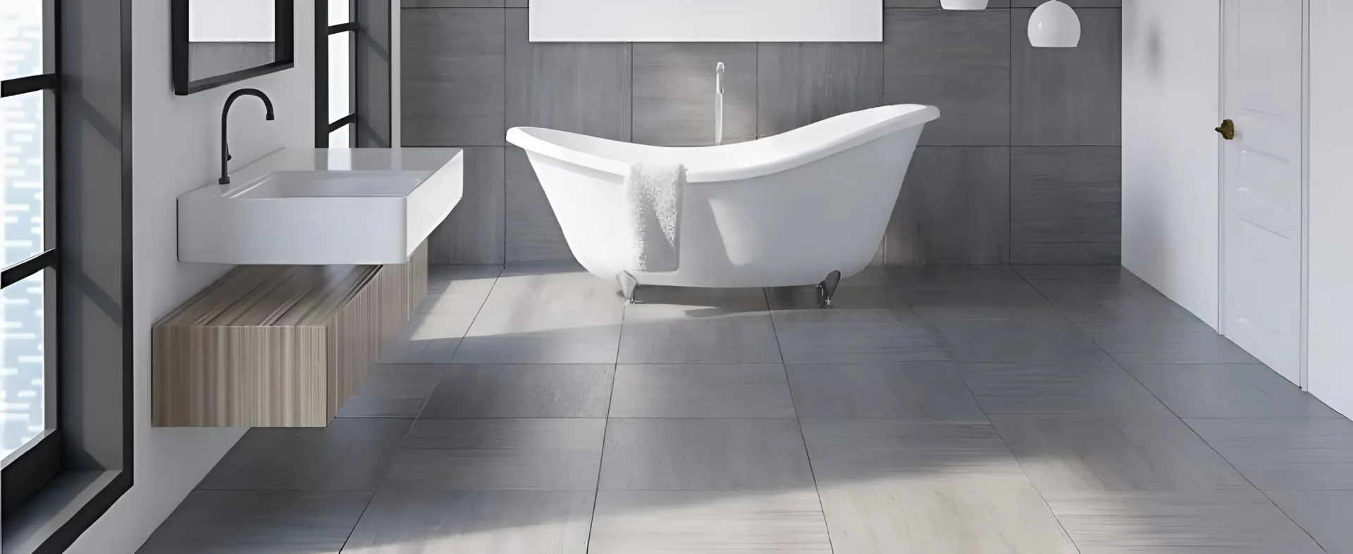 A white bath tub sitting in the middle of a bathroom.