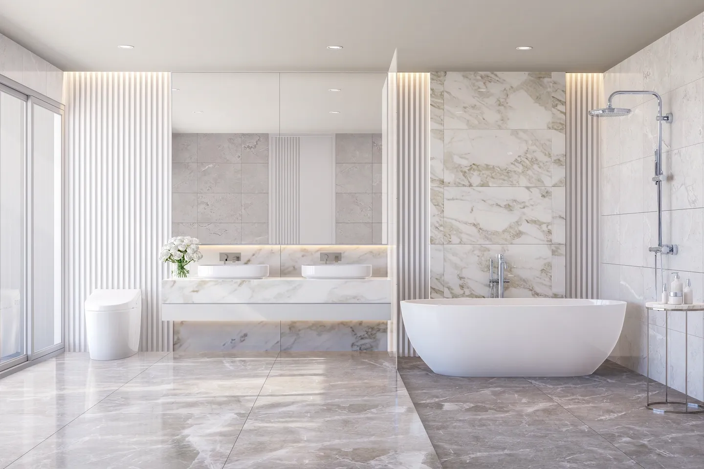 A bathroom with marble walls and floors