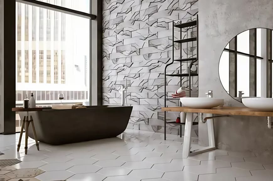 03 A bathroom with a tub, sink and mirror.
